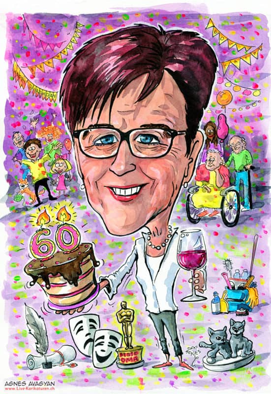 Cartoon Portraet ab Foto gemalt, 60 Jahre Geburtstag, Kuchen, Torte, Theater, Party, Familie, Altersheim, Pflegeheim, Wein